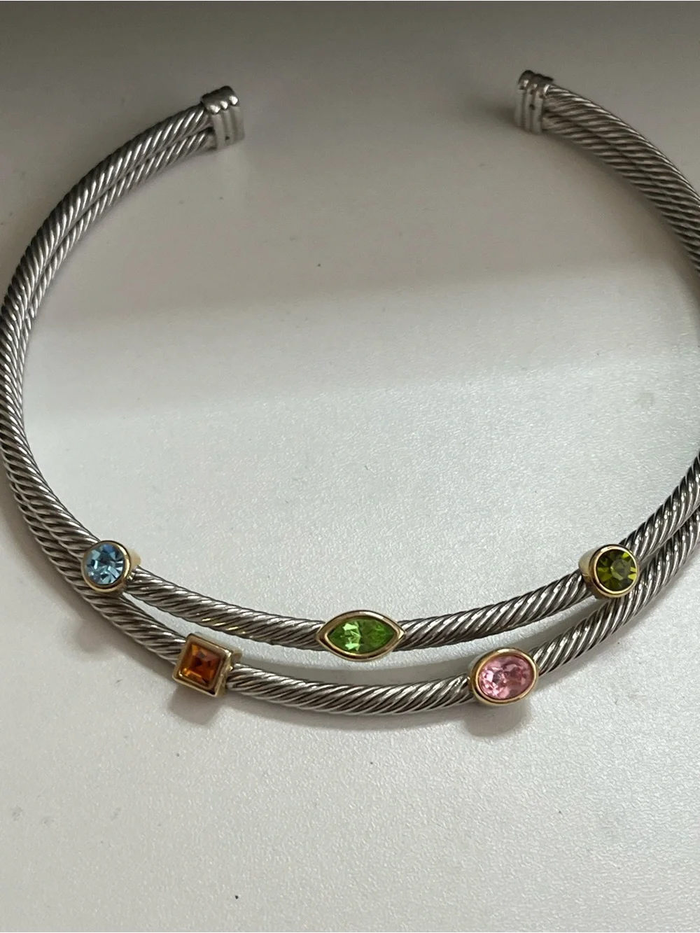 Multicolored CZ chunky twisted silver tone cuff collar and earring set - Picture 4 of 11